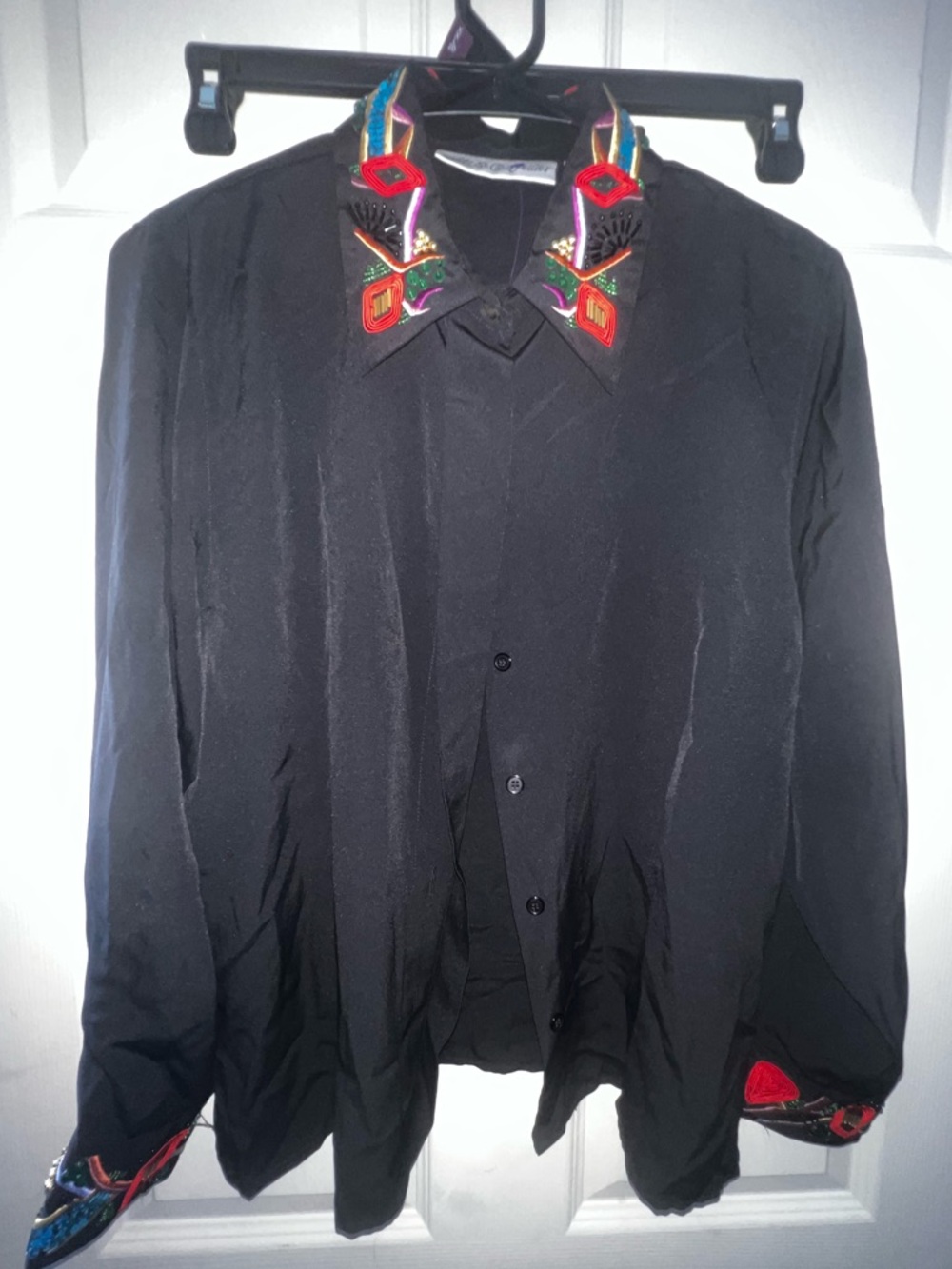 Yves St Clair Black Shirt w/ Multicolor Embroidered Bead Collar Size 12 VINTAGE